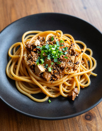 Spaghetti with mushrooms and sesame seeds in black plate on wooden tableの写真素材