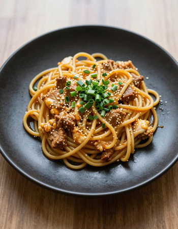 Spaghetti with pork and sesame seeds in black plate on wooden tableの写真素材