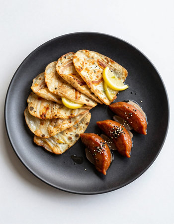 Grilled fish with lemon and sesame seeds on a black plateの写真素材