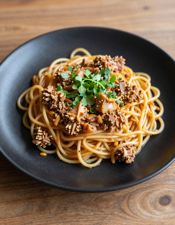 Spaghetti with beef, mushrooms and corianderの写真素材