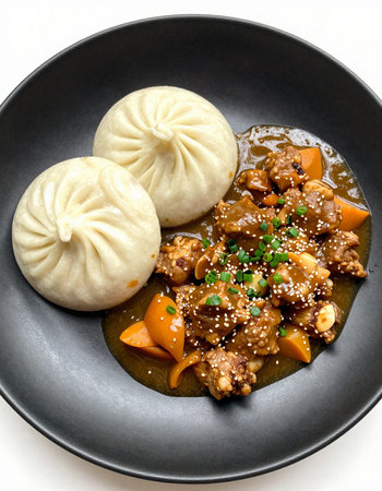 Steamed Dumpling with Pork and Vegetables on Black Plateの写真素材