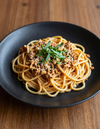 Spaghetti with parsley and sesame on wooden tableの写真素材