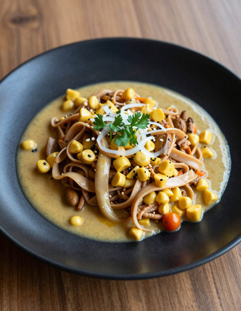 Beef stroganoff with corn in black bowl on wooden tableの写真素材