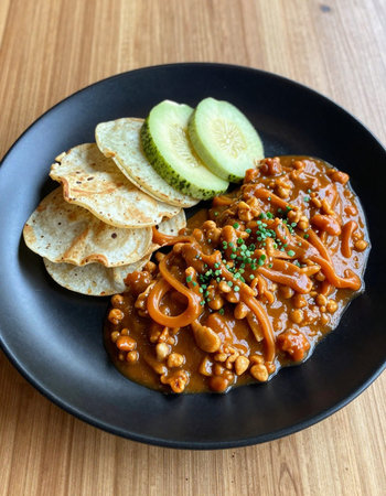 Chickpea curry with bread and cucumber on wooden table