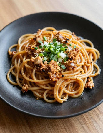 Spaghetti with minced pork in black plate on wooden table background.の写真素材