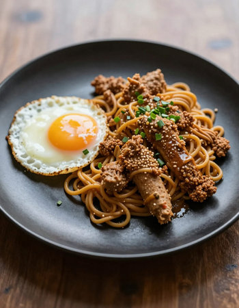 spaghetti with pork and egg on wooden background, Japanese food styleの写真素材