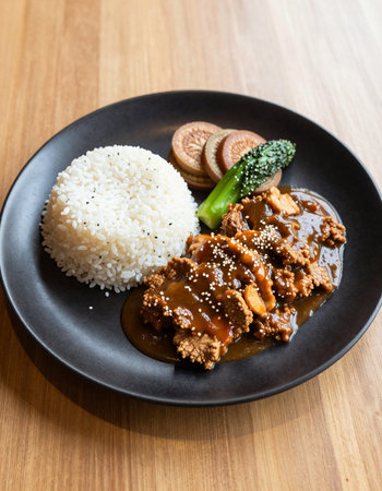 Rice with stir-fried pork in brown sauce on the tableの写真素材
