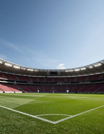 Soccer stadium with green grass and blue sky in the evening.