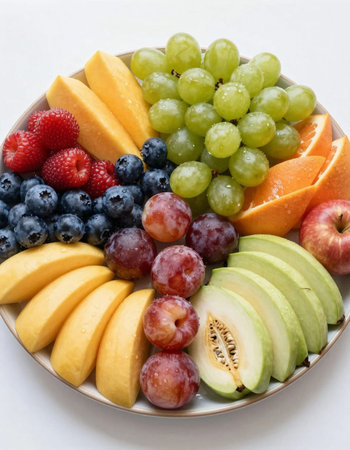 Plate with fresh fruits on a white background. Selective focus.