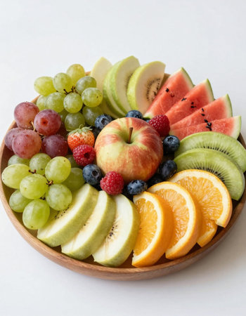 Fruit salad in a wooden bowl on a white background. Healthy food.の写真素材