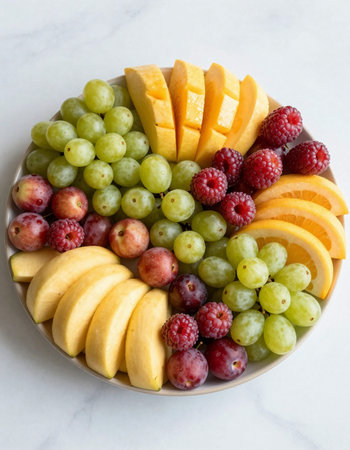 Fresh fruit salad in a plate on a white marble background, top view