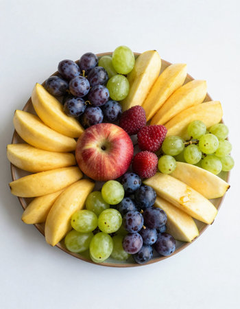 Fruit salad in a plate on a white background, top viewの写真素材
