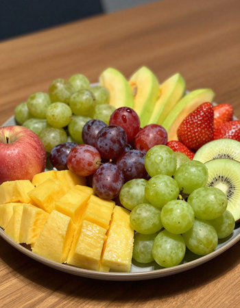 Plate of fresh fruits on a wooden table. Selective focus.
