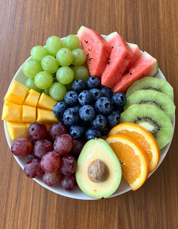 Fresh fruit salad in a bowl on a wooden table, top viewの写真素材
