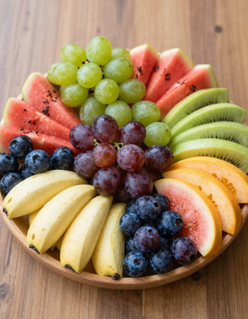 Fruit salad in a wooden plate on a wooden table. Close-up.