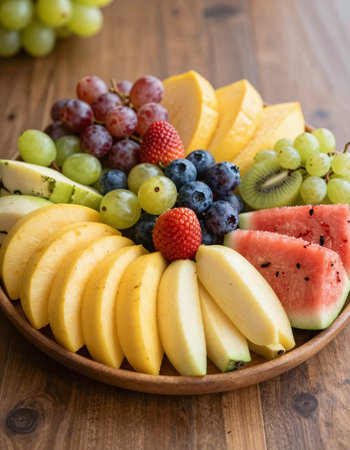 Fresh fruit salad in a wooden plate on a rustic wooden tableの写真素材