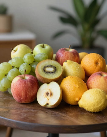 Fresh fruits on a wooden table in the kitchen. Selective focus.の写真素材