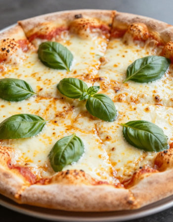 Pizza Margherita with mozzarella cheese and basil.の写真素材