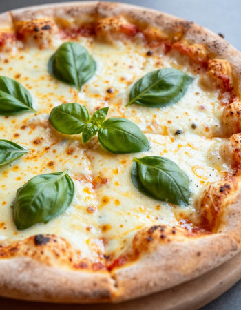 Pizza Margherita with mozzarella cheese and basil leaves