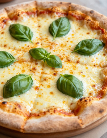 Pizza Margherita with mozzarella cheese and basil leafの写真素材