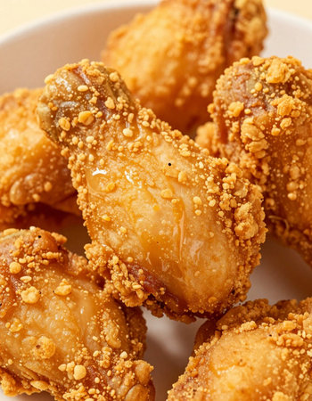 Fried chicken wings in a bowl on a white background. Close-up.の写真素材