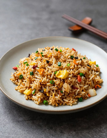 Fried rice with vegetables and chopsticks on a gray background.の写真素材