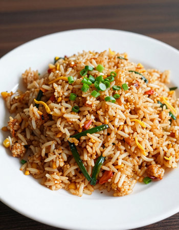 Fried rice with pork and vegetables on white plate, Thai foodの写真素材