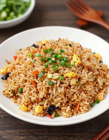 Fried rice with vegetables in plate on wooden table, closeupの写真素材