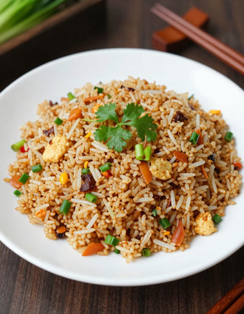 Asian food, fried rice with vegetables in a bowl on a wooden tableの写真素材