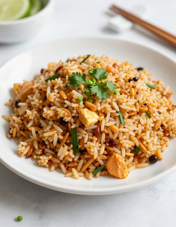 Chinese Fried Rice with Tofu and Cilantro on White Backgroundの写真素材