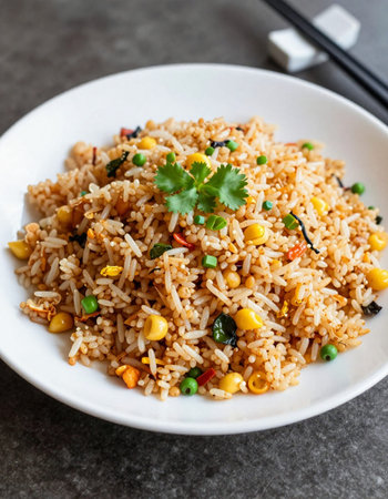 Chinese Fried Rice with Vegetables, Sesame and Cilantro - Asian Food Styleの写真素材
