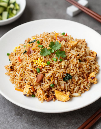 fried rice with pork and vegetables in a plate on a stone backgroundの写真素材