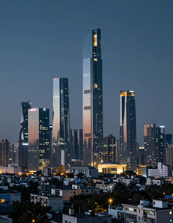 Shanghai city skyline at night with skyscrapers, Chinaの写真素材