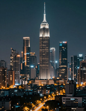 Beautiful night view of skyscrapersの写真素材