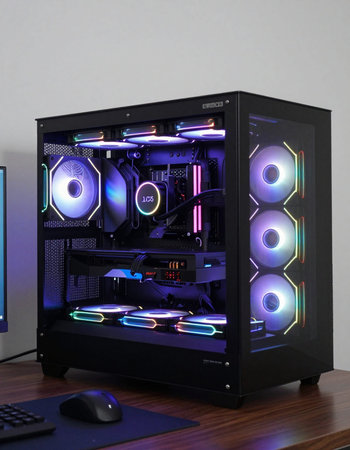 3D Illustration of a powerful powerful computer with neon lights.