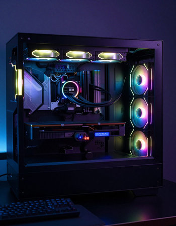 Close-up of a modern server with RGB and CMYK lights