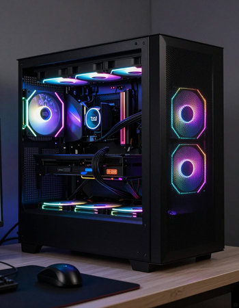 Close up shot of a powerful computer with colorful led lights inside.