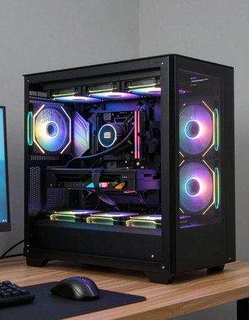 3D Illustration of a Computer Case with colorful light effects.