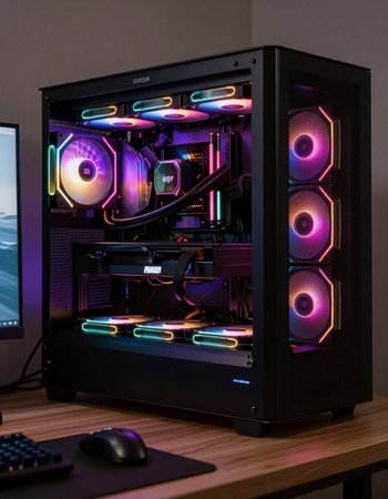 Close-up of a computer with multi-colored neon lights.