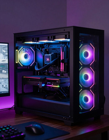Closeup shot of a modern personal computer with led lights inside.