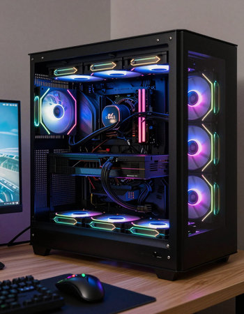 Close-up of a powerful powerful computer with blue and purple neon lights.の写真素材