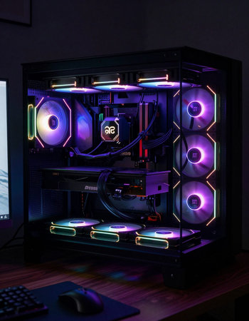 Futuristic Hi-tech computer with neon lights. 3d rendering