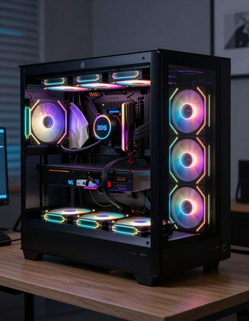 A closeup shot of a black computer case with colorful led lights