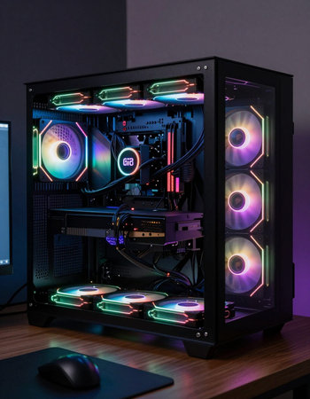 Futuristic server with LED lights in dark room.