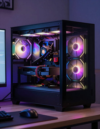 Modern computer setup with colorful lights on the table.