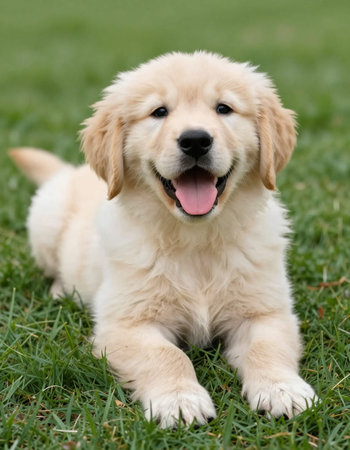Cute Golden Retriever puppy sitting on the green grass.の写真素材