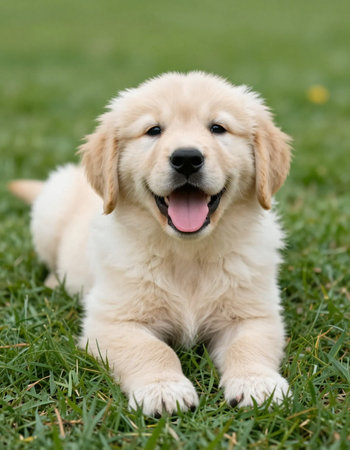 Cute Golden Retriever puppy sitting in the green grass.の写真素材