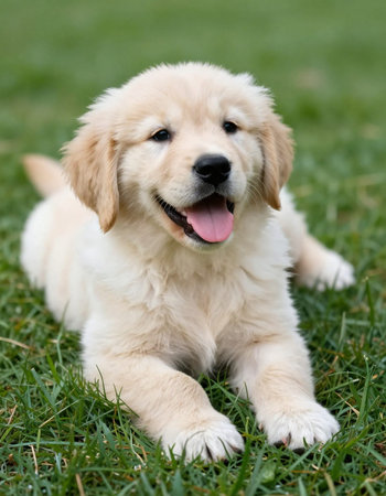 Adorable Golden Retriever Puppy on the Grassの写真素材