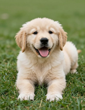 Golden Retriever puppy sitting on the grass in the garden.