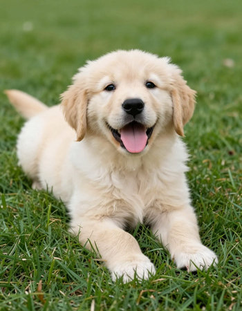 Adorable Golden Retriever puppy sitting on the grass in the gardenの写真素材